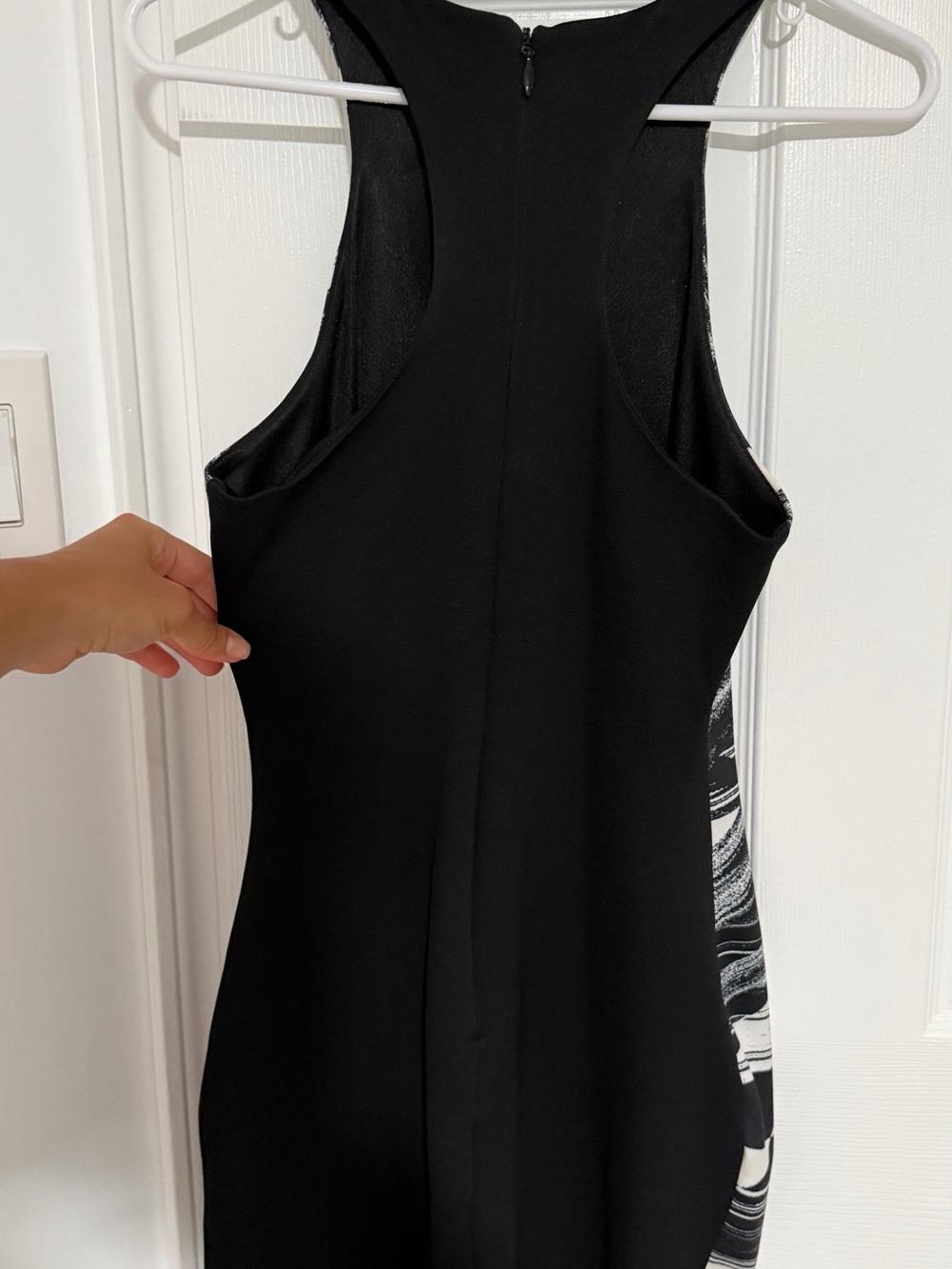 bebe Black & White Geometric Halter Mini Dress with Blue Trim - Picture 5 of 6
